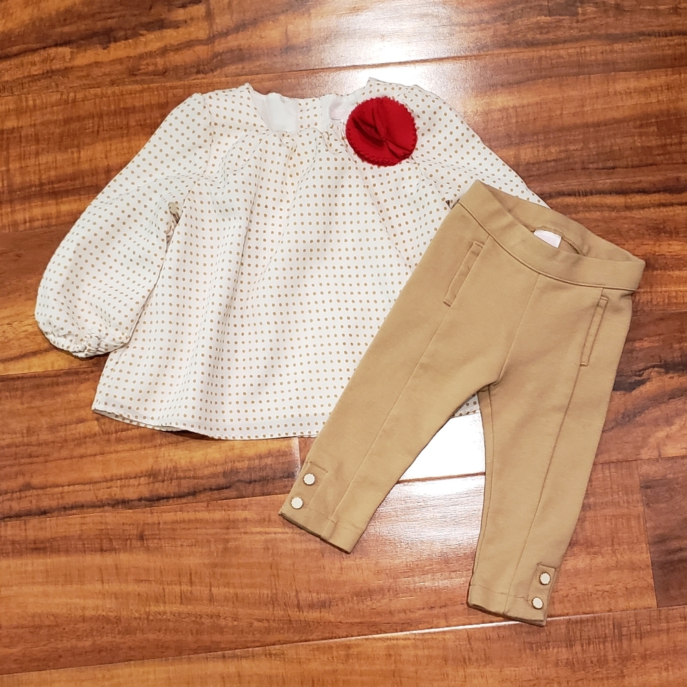 Janie and Jack EUC 12-18 months ivory/tan chiffon polka dot top and ponte pants